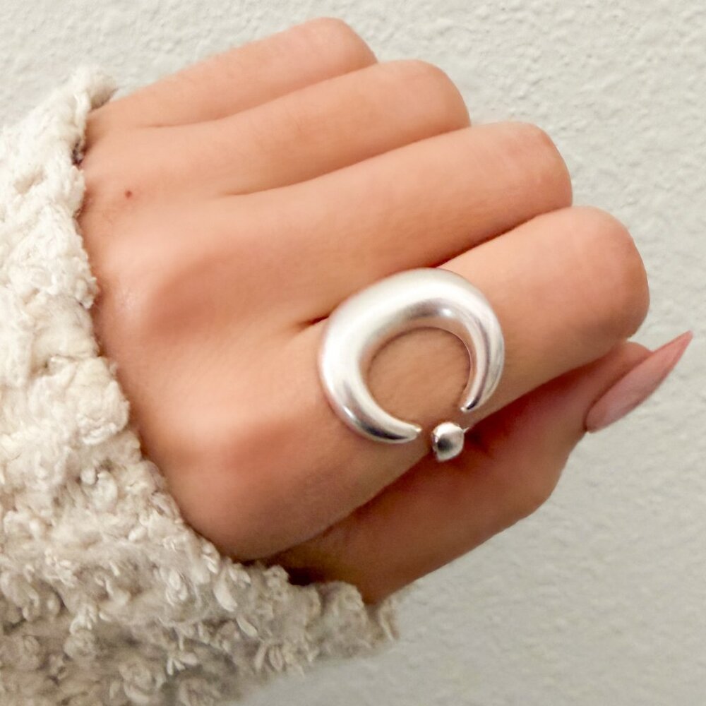 925 Sterling Silver Textured Ring Band Chunky Ring Crescent Ring Moon Ring